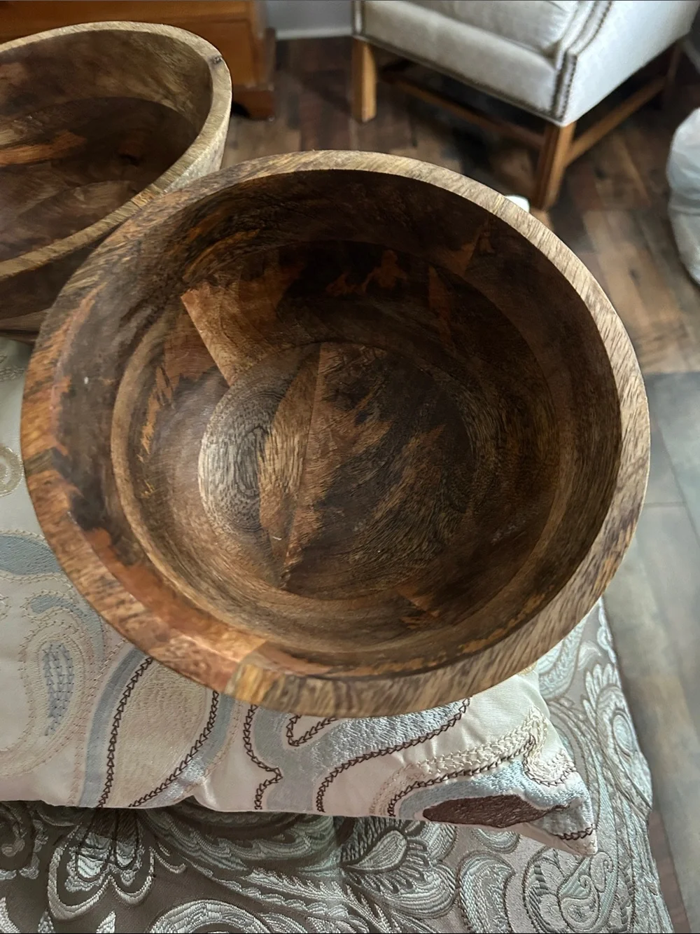 Set of Two Rustic Wooden Decorative Bowls - Dark Brown